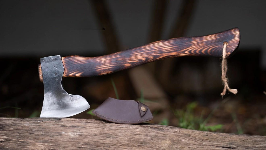Handmade Bushcraft Axe – Carbon Steel Camping Hatchet with Leather Sheath