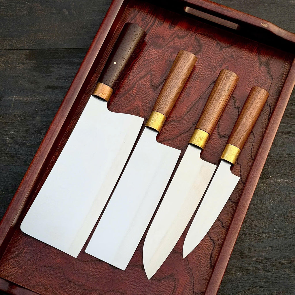 Santoku Stainless Steel Chef Knife Set – Handmade with Walnut Wood Handle & Brass Fittings